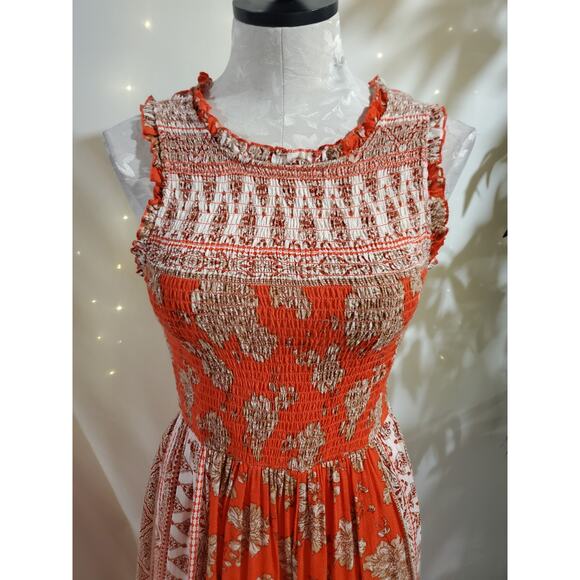 Versona Paisley Floral Smocked Ruffle Trim Tiered Maxi Dress Size S Boho Orange - Picture 5 of 14